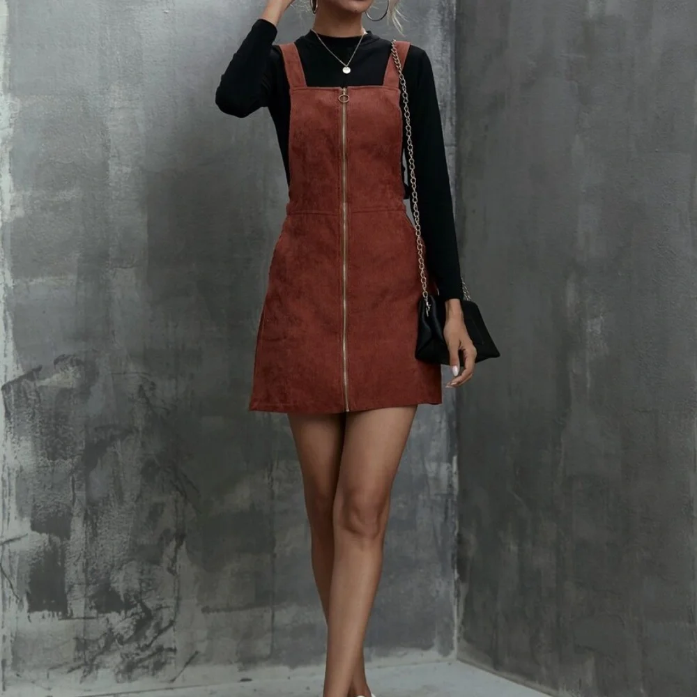 Rust Brown corduroy Zipper Mini Dress Pockets - Picture 3 of 8